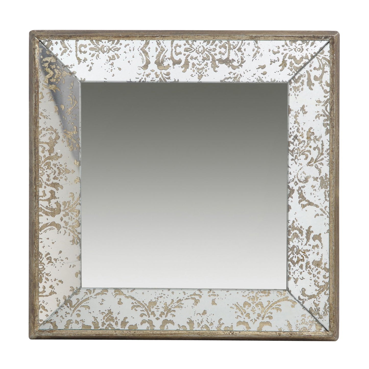 An Antique Rectangle Mirror with floral accents, featuring a beveled edge, distressed silver and gold frame, and usable as a mirrored display tray or hanging wall mirror for a vintage look.