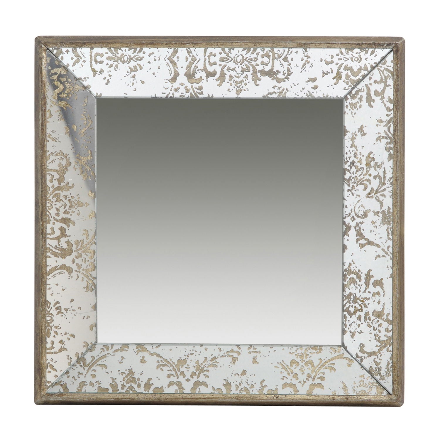 An Antique Rectangle Mirror with floral accents, featuring a beveled edge, distressed silver and gold frame, and usable as a mirrored display tray or hanging wall mirror for a vintage look.