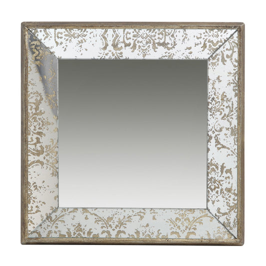 An Antique Rectangle Mirror with floral accents, featuring a beveled edge, distressed silver and gold frame, and usable as a mirrored display tray or hanging wall mirror for a vintage look.