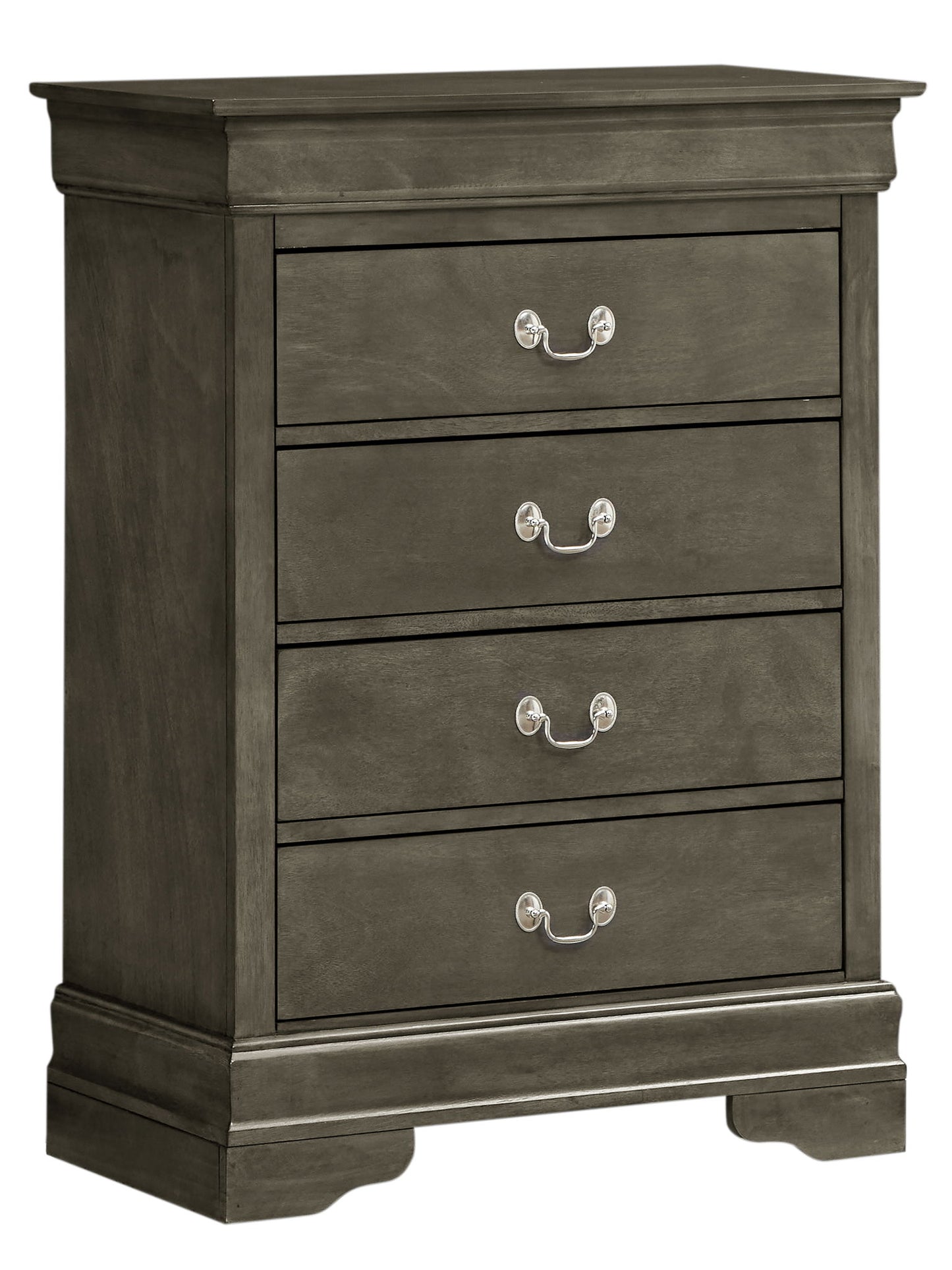 The Traditional Style Storage Chest Elegant is a gray wooden dresser with three drawers, each with two silver handles, standing on a sturdy base with decorative molding.