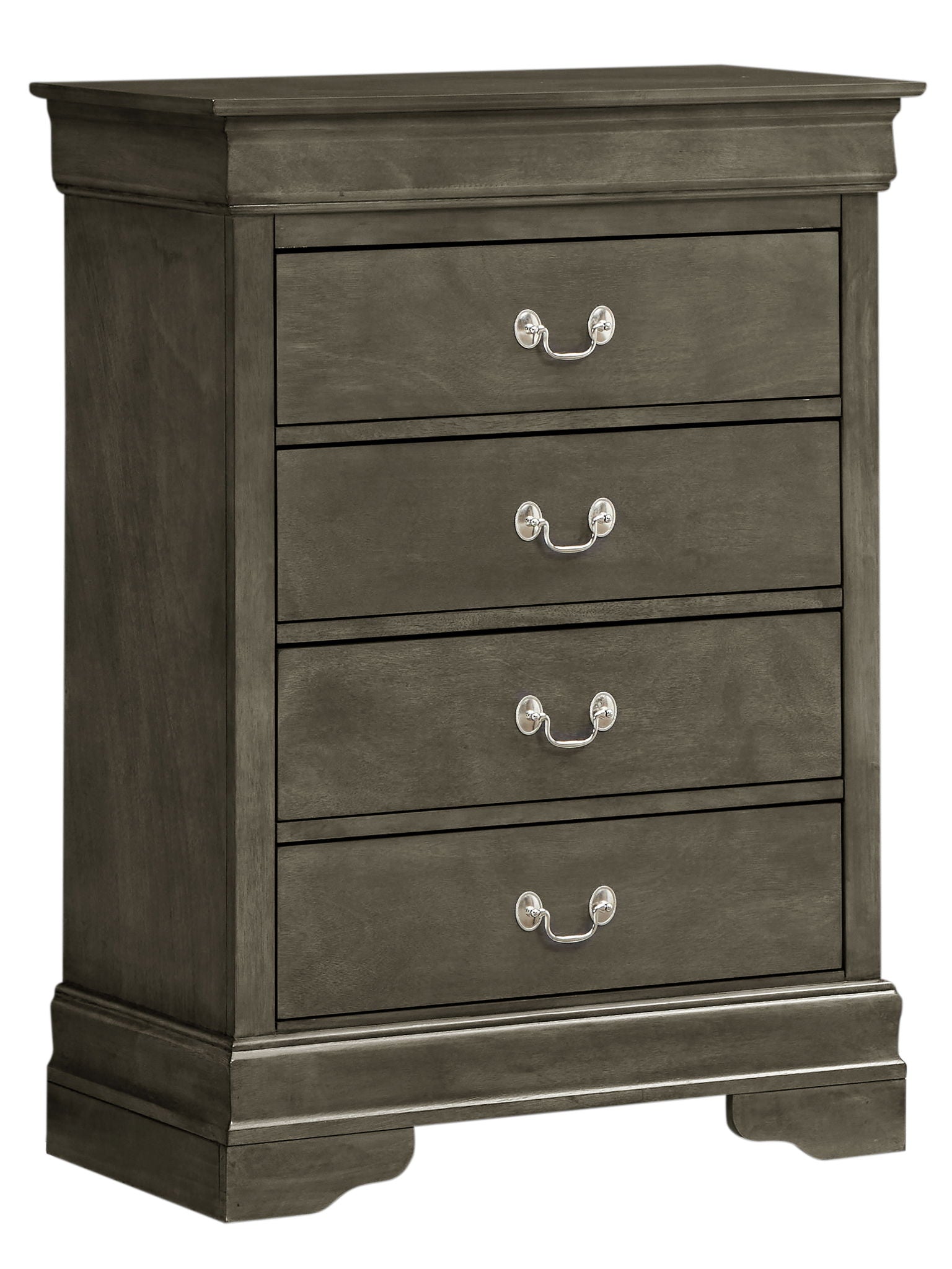 The Traditional Style Storage Chest Elegant is a gray wooden dresser with three drawers, each with two silver handles, standing on a sturdy base with decorative molding.