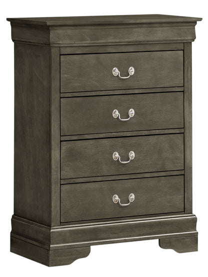 The Traditional Style Storage Chest Elegant is a gray wooden dresser with three drawers, each with two silver handles, standing on a sturdy base with decorative molding.