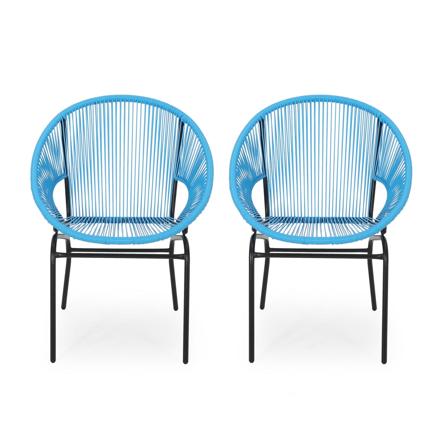 Two Nusa Modern Chair Outdoor Seating pieces with circular blue woven seats and backs, supported by black metal legs, are placed side by side on a white background.