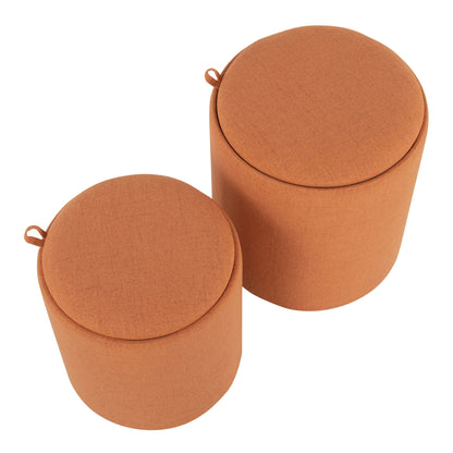 The Tray - Contemporary Nesting Ottoman Set features two round, orange fabric ottomans of different sizes with small loop handles on the top cushions, shown side by side from above against a white background.