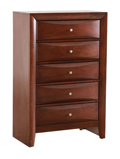 The Marilla Chest is a tall wooden dresser with a dark brown finish, five drawers each with a round metal knob, and features a simple, modern design with smooth edges for a sleek look.