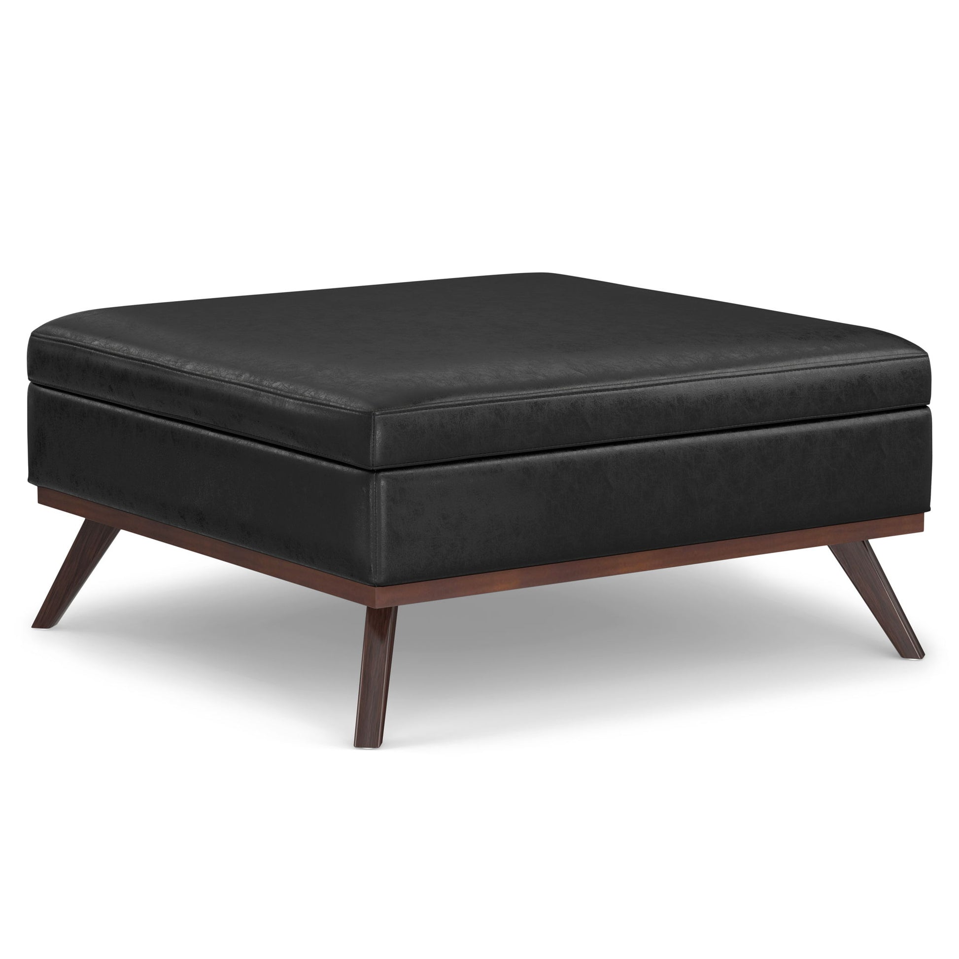 The Owen Multifunctional Square Coffee Table Storage Ottoman features a cushioned top, angled wooden legs, and a minimalist black design.