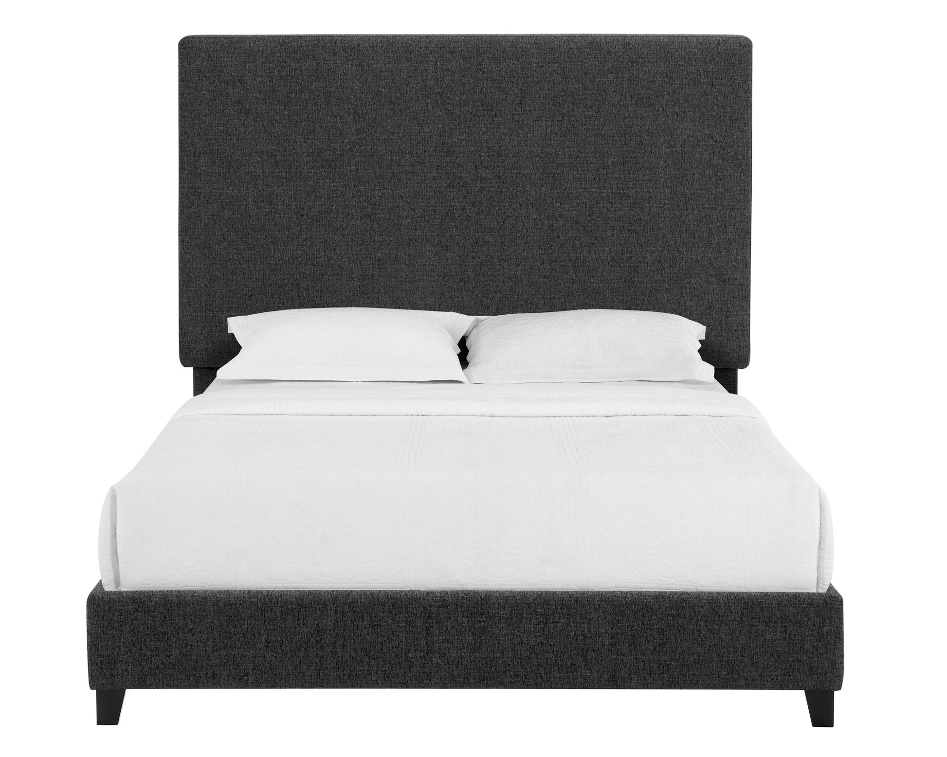 The Upholstered Platform Bed features a tall, dark gray upholstered headboard, white pillows, and a white quilted blanket, all displayed from the front against a plain white background.