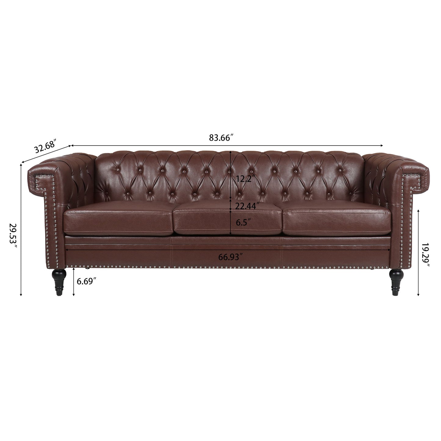 The Traditional Square Arm Removable Cushion 3 Seater Sofa features brown tufted leather, rolled arms, and nailhead trim. Dimensions: 83.66"W x 32.68"D x 29.53"H; seat: 66.93"W x 22.44"D x 19.29"H; arm: 25"H; leg: 6.69"H.