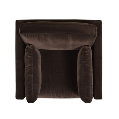 Top view of the Knox - Modern Farmhouse Arm Chair, featuring dark brown velvet upholstery, square arms, and plush cushions against a white background.