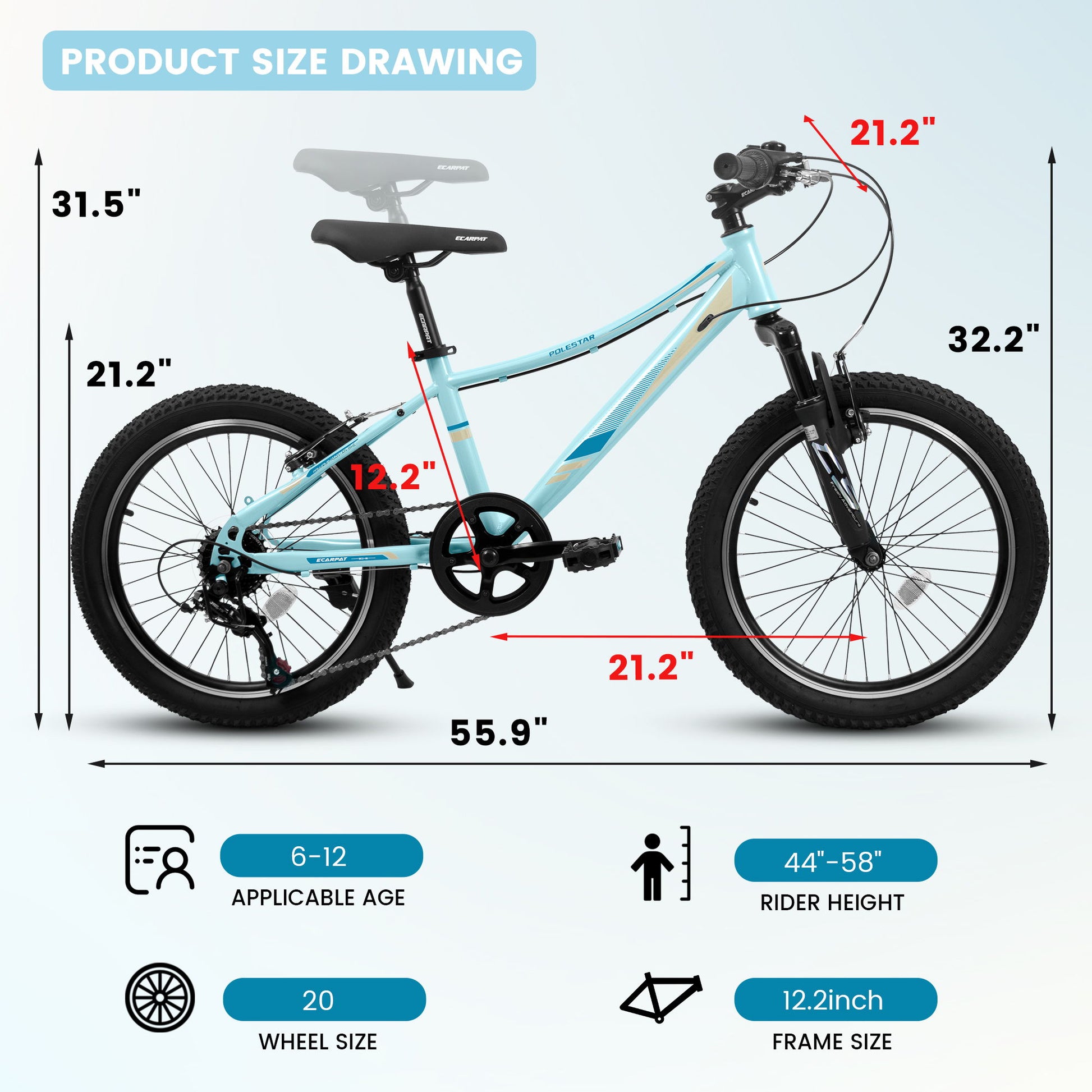 Diagram of the S20101 20" Kids' Bike (Ages 8–12), showing measurements for wheelbase, frame size, and rider height. Icons note rider height of 44–58", age range 6–12, and a 20" wheel with front suspension and disc brake.