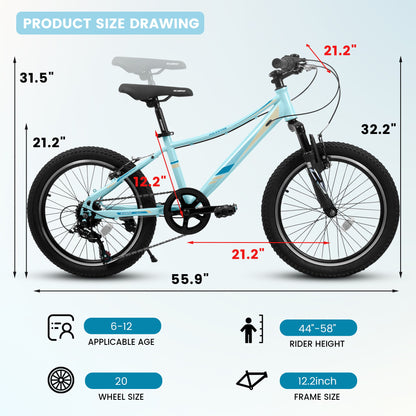 Diagram of the S20101 20" Kids' Bike (Ages 8–12), showing measurements for wheelbase, frame size, and rider height. Icons note rider height of 44–58", age range 6–12, and a 20" wheel with front suspension and disc brake.