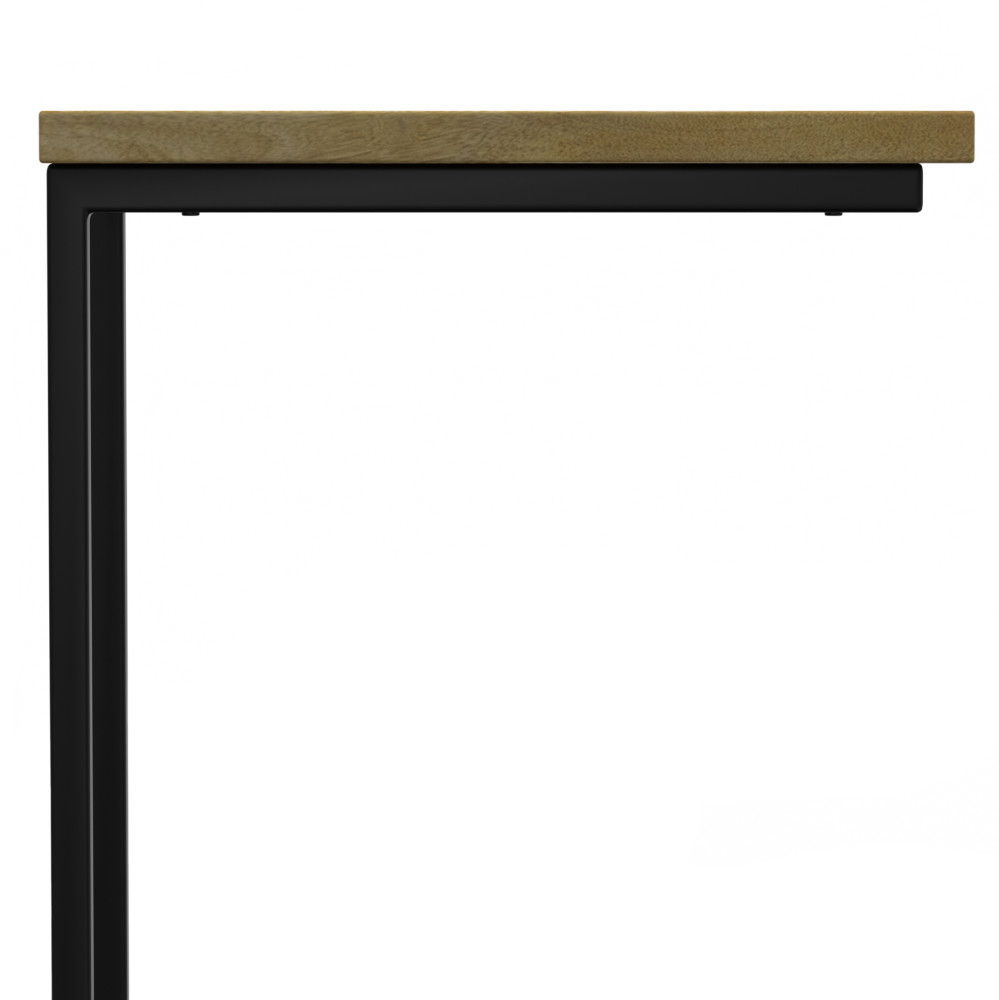 Close-up of the Skyler - Handcrafted C Side Table, featuring a wooden tabletop and L-shaped black metal legs, set against a plain white background.