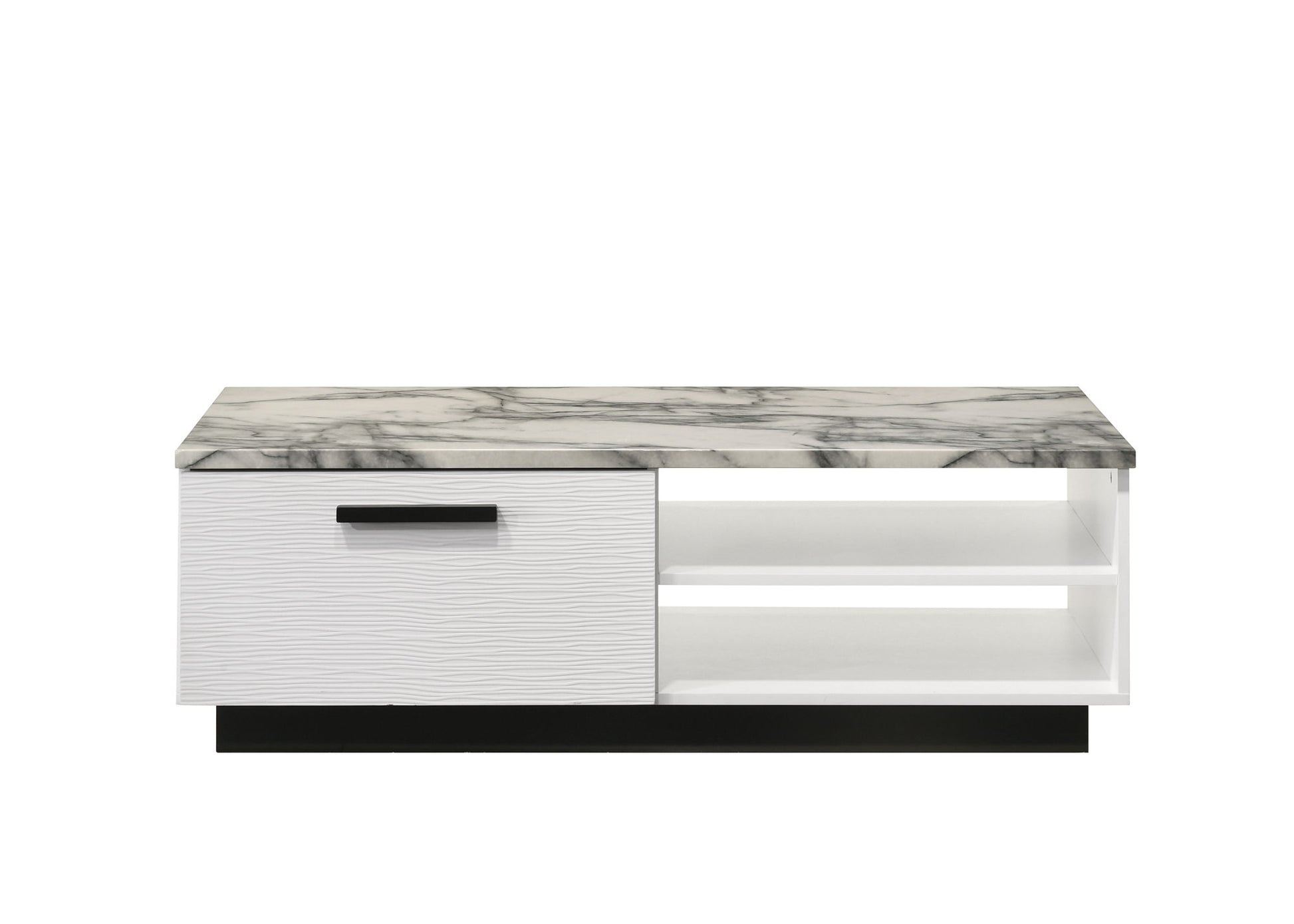 The Matilda Coffee Table features a white faux marble top, one closed cabinet with a black handle on the left, and two open shelves on the right, all in a modern white design, set against a plain white background.
