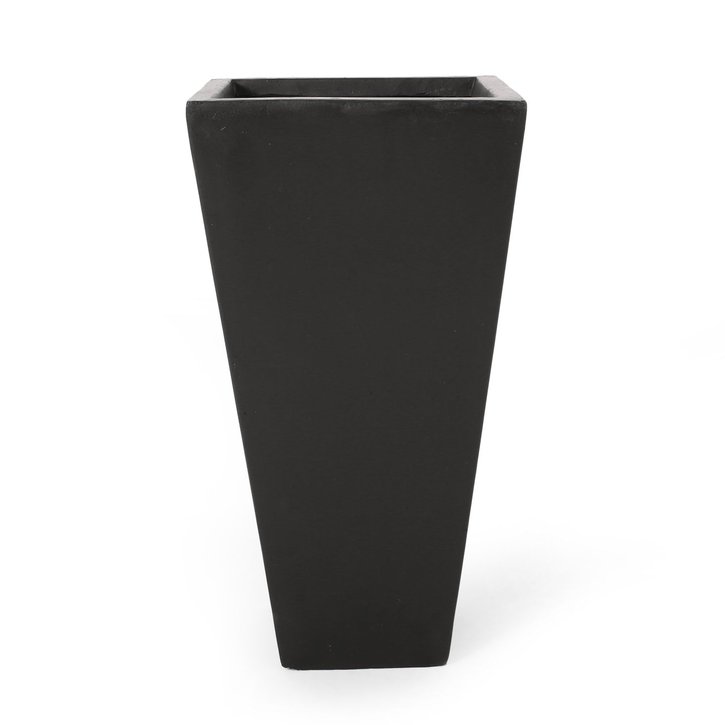 The Outdoor Modern Cast Stone Planter is a tall, black, square planter with a modern tapered design, shown against a white background.