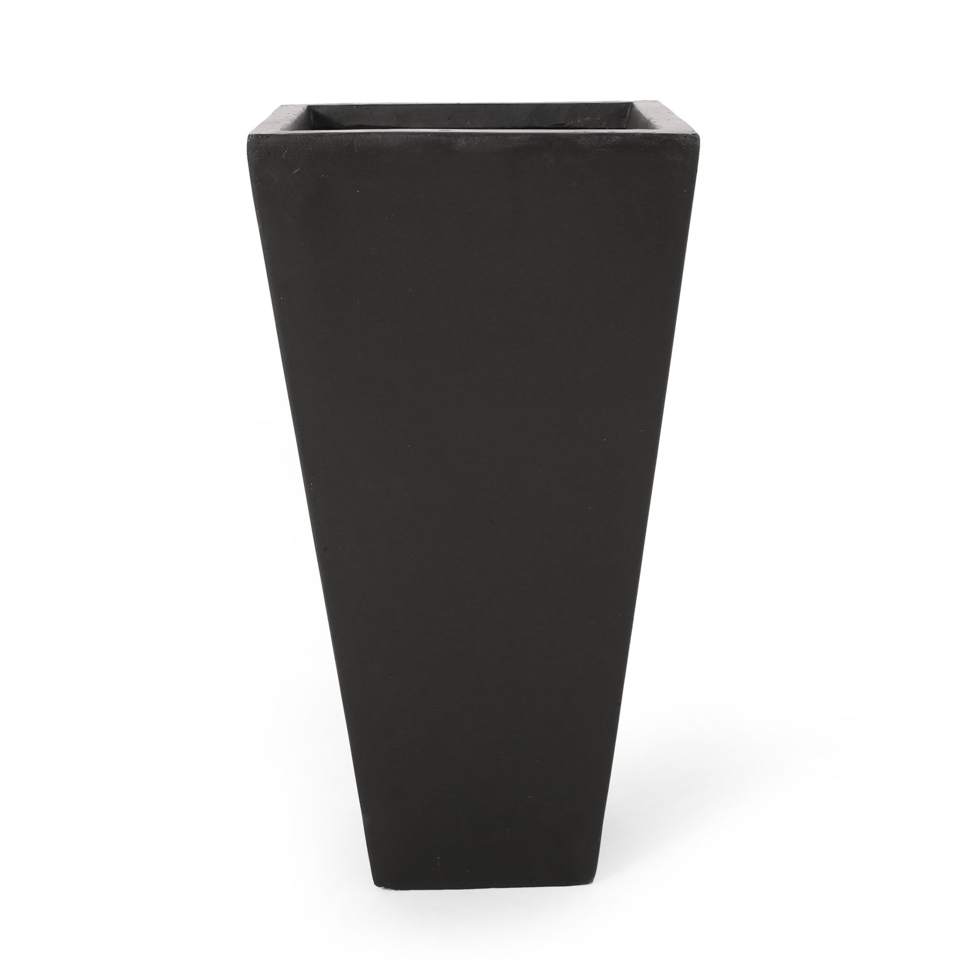 The Outdoor Modern Cast Stone Planter is a tall, black, square planter with a modern tapered design, shown against a white background.