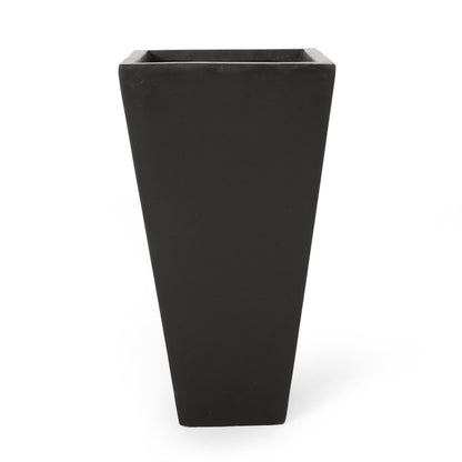 The Outdoor Modern Cast Stone Planter is a tall, black, square planter with a modern tapered design, shown against a white background.