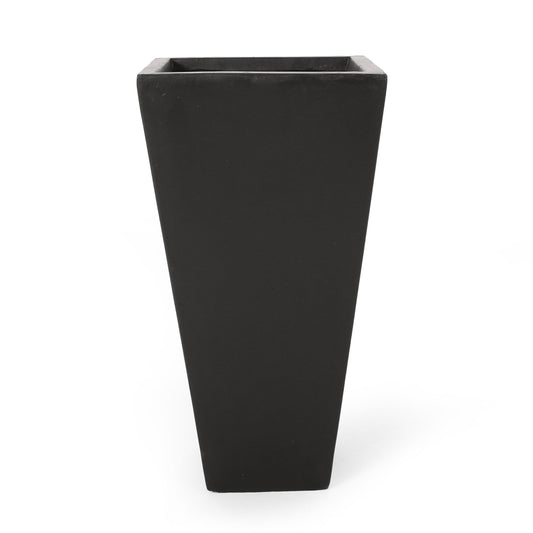 The Outdoor Modern Cast Stone Planter is a tall, black, square planter with a modern tapered design, shown against a white background.