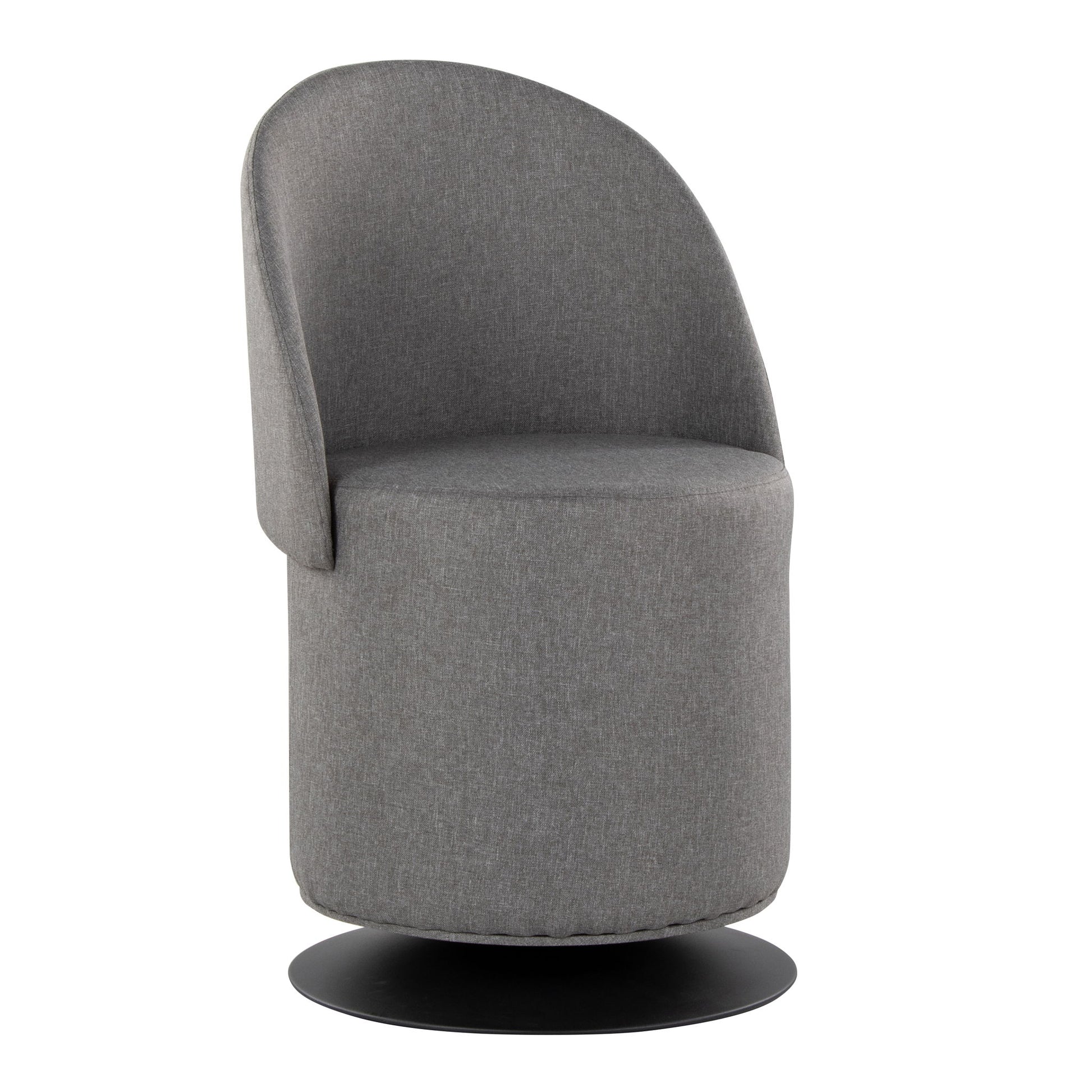 The Finch - Contemporary Chair features modern gray upholstery, a rounded backrest, a cylindrical seat, and a sleek black circular swivel base.