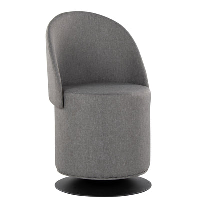 The Finch - Contemporary Chair features modern gray upholstery, a rounded backrest, a cylindrical seat, and a sleek black circular swivel base.