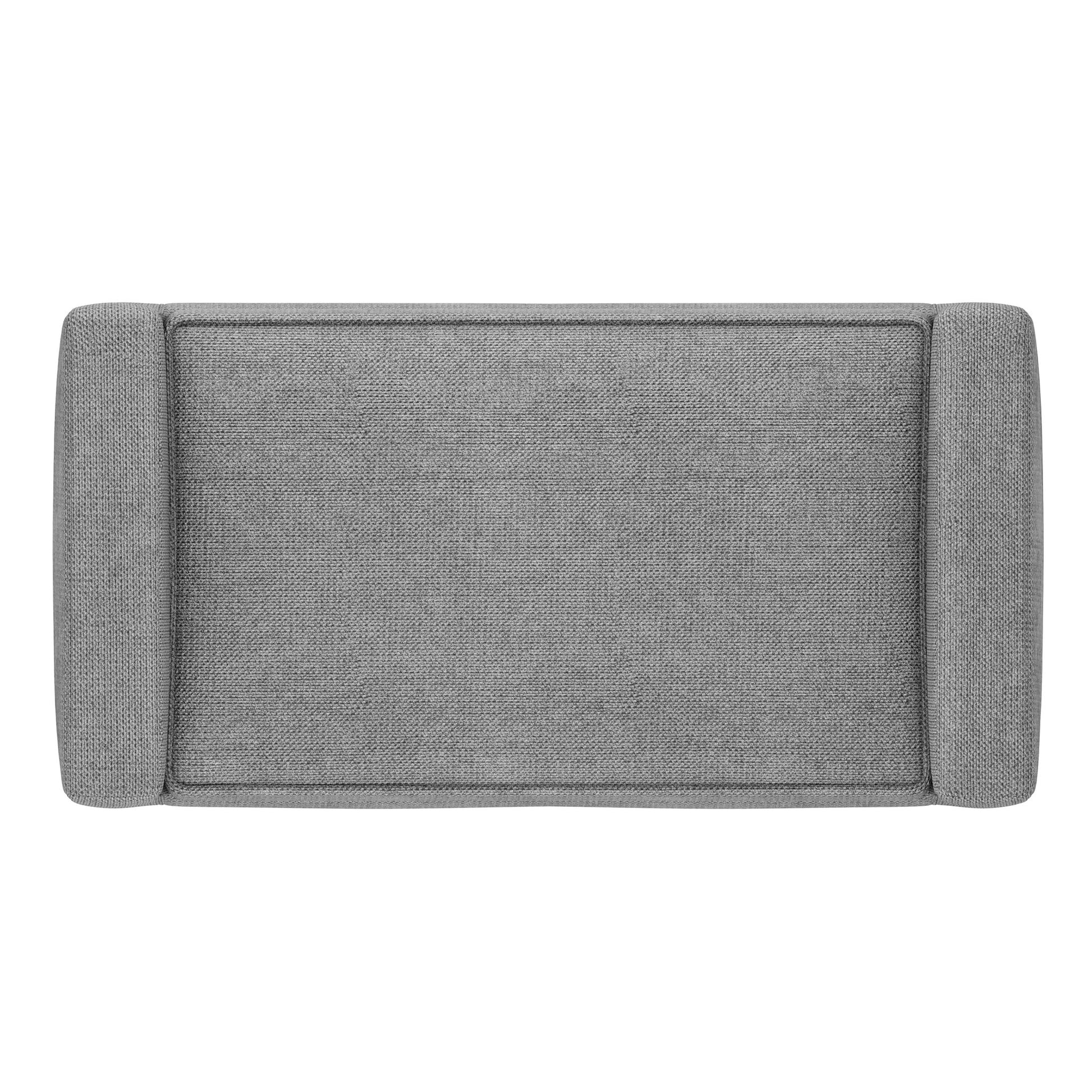 The Scott - Upholstered Ottoman Bench is rectangular with a gray textured fabric surface, cushioned armrests on both sides, and is shown from above.