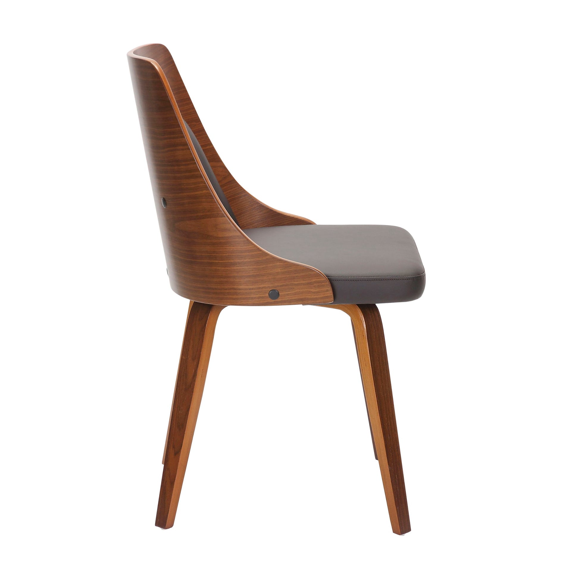 The Anabelle Mid-Century Modern Dining Chair (Set of 2) features a curved backrest, dark brown finish, angled legs, and a cushioned dark gray seat, shown in profile against a white background.