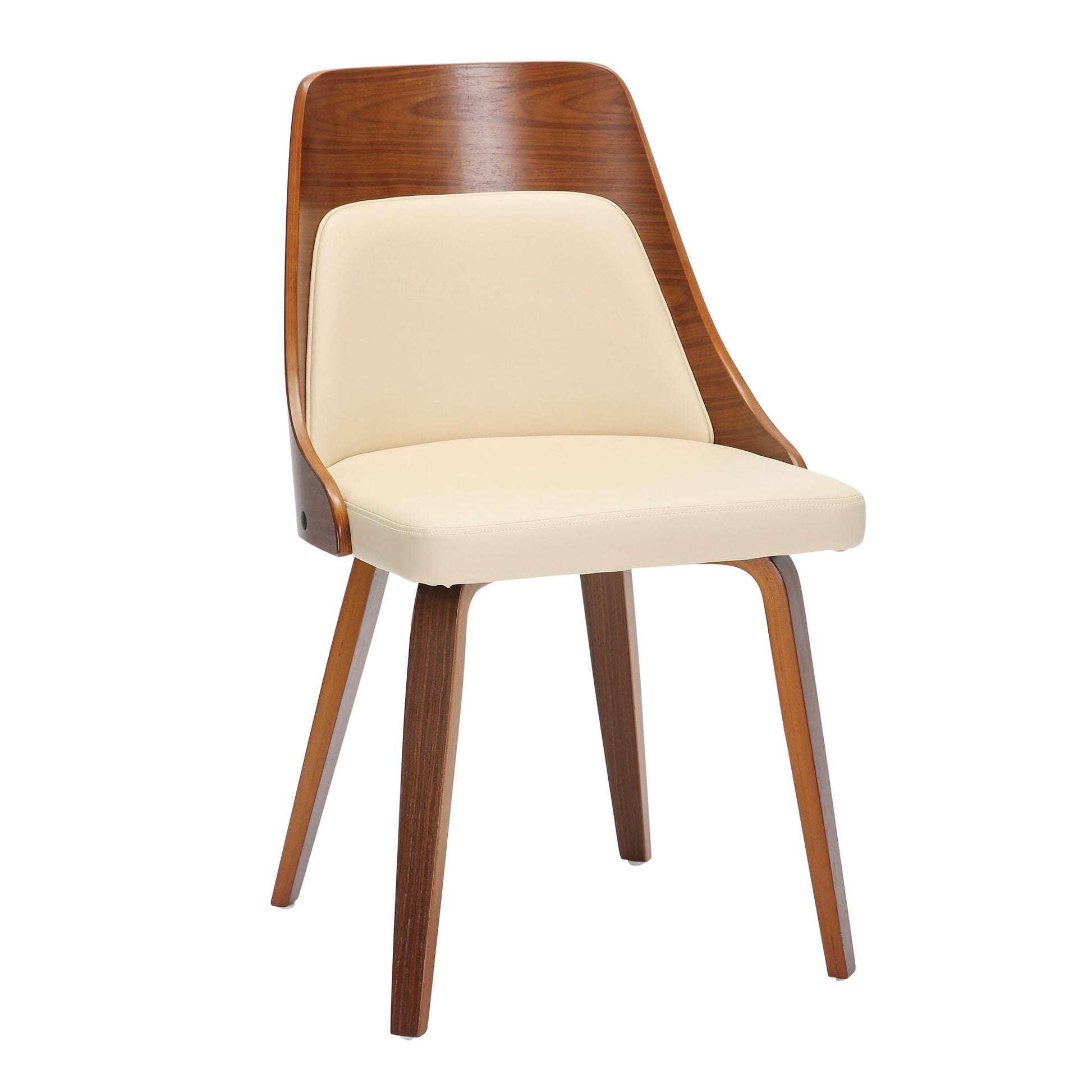 The Anabelle Mid-Century Modern Dining Chair (Set of 2) features angled wooden legs, a curved walnut veneer backrest, and cream-colored cushioned seat and backrest.