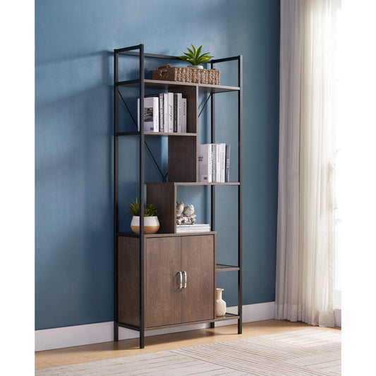 The Modern Bookcase With Two Door Storage Cabinet With Two Shelves, featuring a black metal frame and wooden shelves, stands against a blue wall, displaying books, plants, decor, and a basket. Light shines in from nearby white-curtained windows.