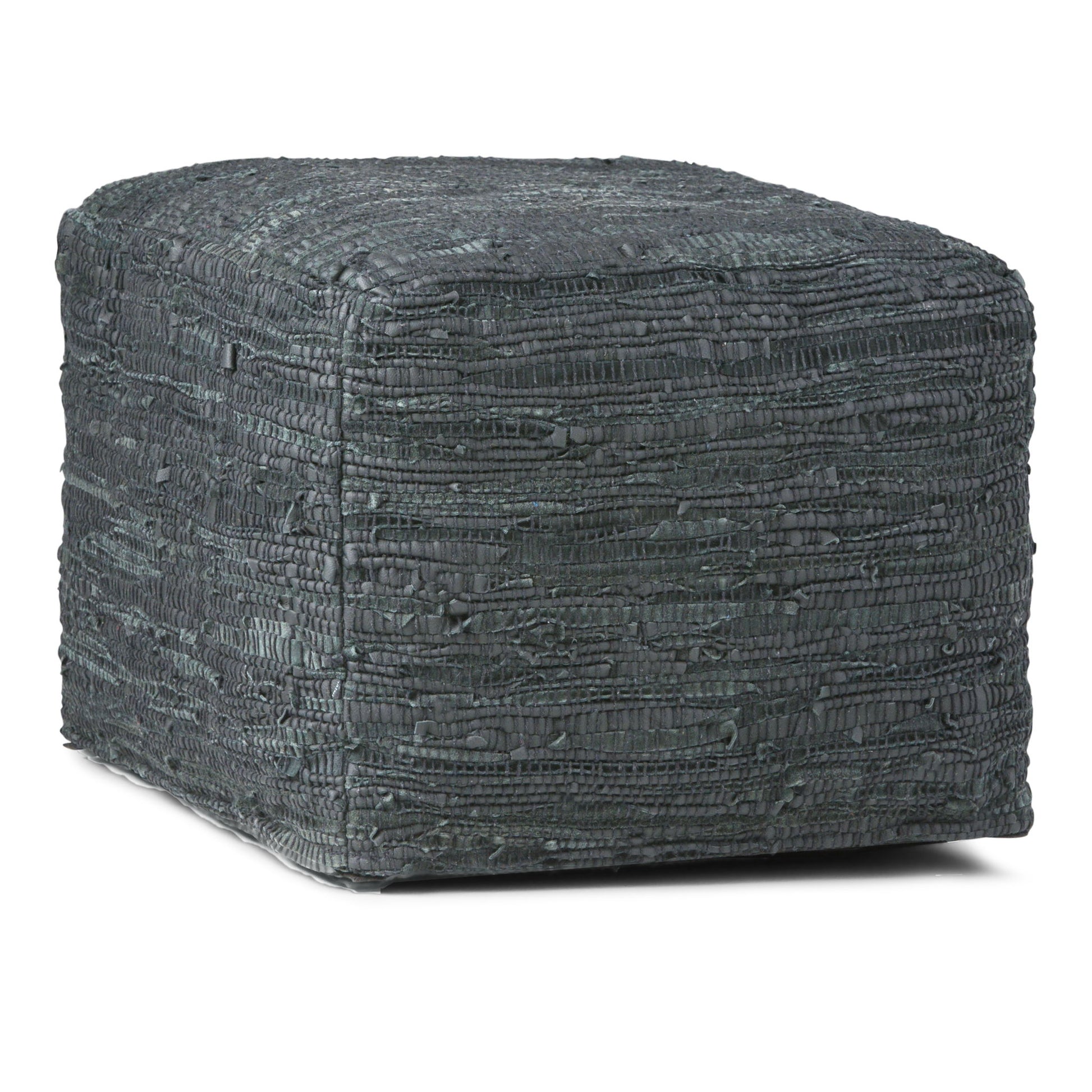 The Fredrik - Handcrafted Square Pouf is a dark gray, square ottoman featuring a woven texture, shown against a white background.