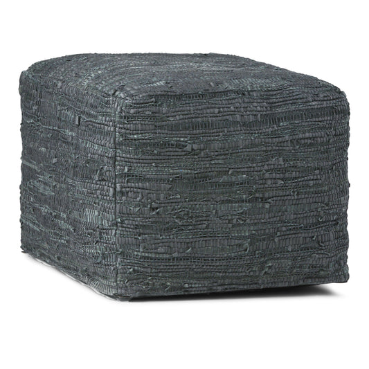 The Fredrik - Handcrafted Square Pouf is a dark gray, square ottoman featuring a woven texture, shown against a white background.