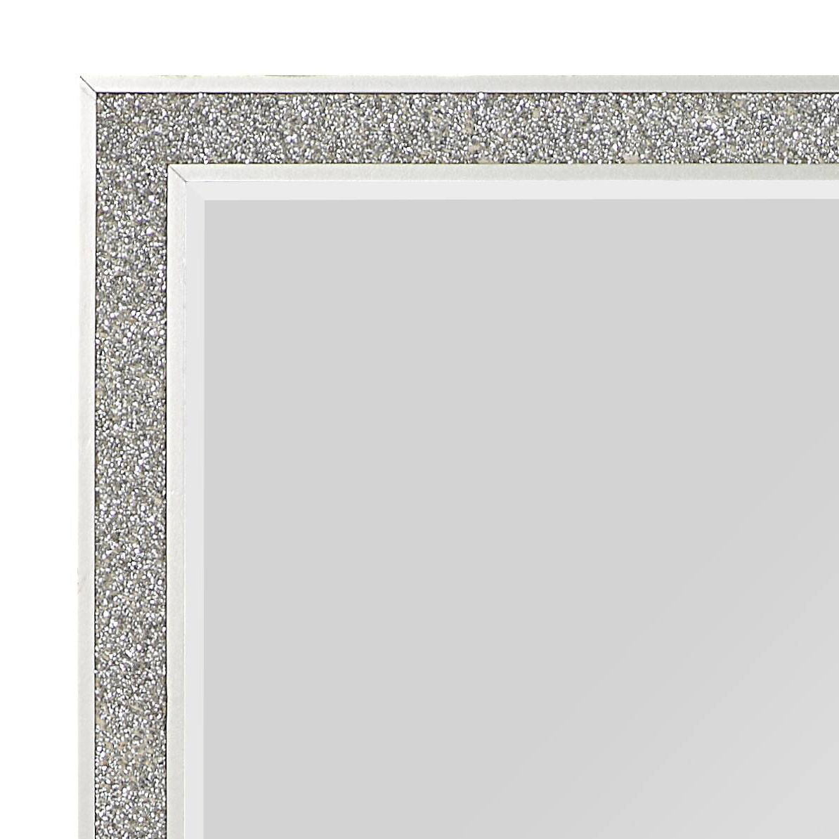 Close-up of the top left corner of the Sliverfluff Mirror in Mirrored/Champagne, showcasing its sparkly champagne-toned frame and light grey reflection.