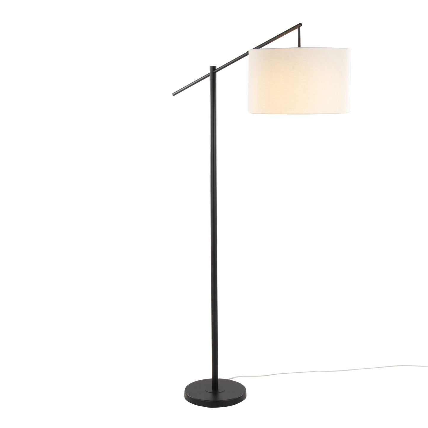 The Casper - Contemporary Floor Lamp features a black metal stand and base, an off-white cylindrical shade suspended from a horizontal arm, and a power cord extending from the base.