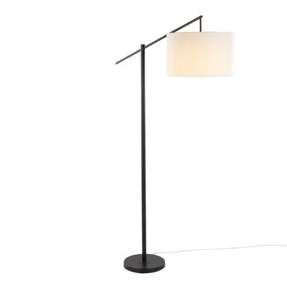 The Casper - Contemporary Floor Lamp features a black metal stand and base, an off-white cylindrical shade suspended from a horizontal arm, and a power cord extending from the base.