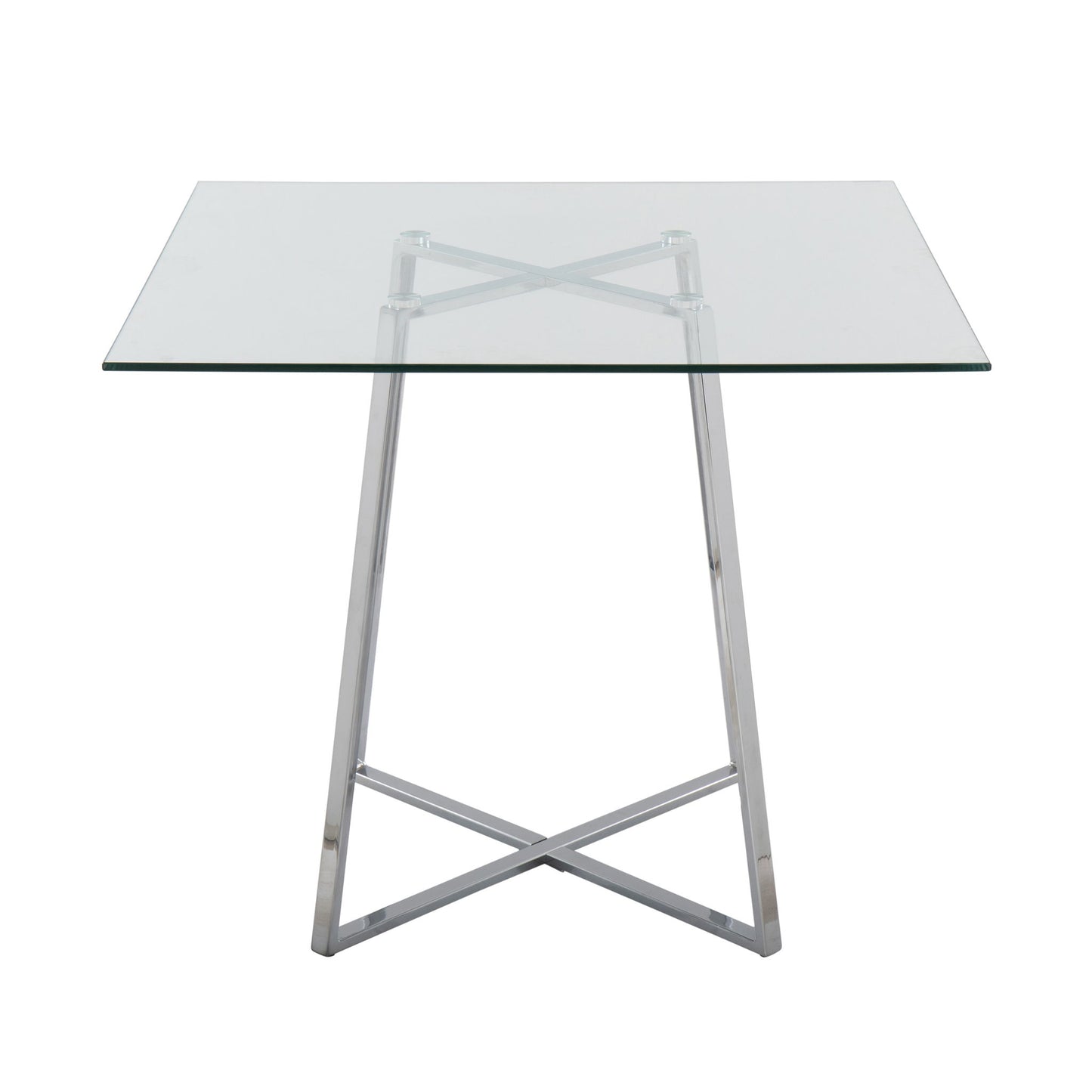 The Cosmo features a contemporary square glass top and a sleek metal base with crossed X-shaped legs, offering modern style for any dining space.