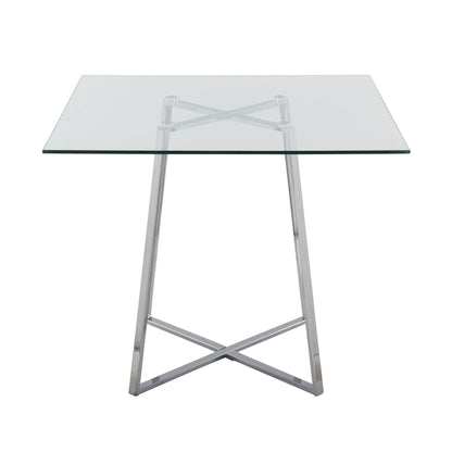 The Cosmo features a contemporary square glass top and a sleek metal base with crossed X-shaped legs, offering modern style for any dining space.