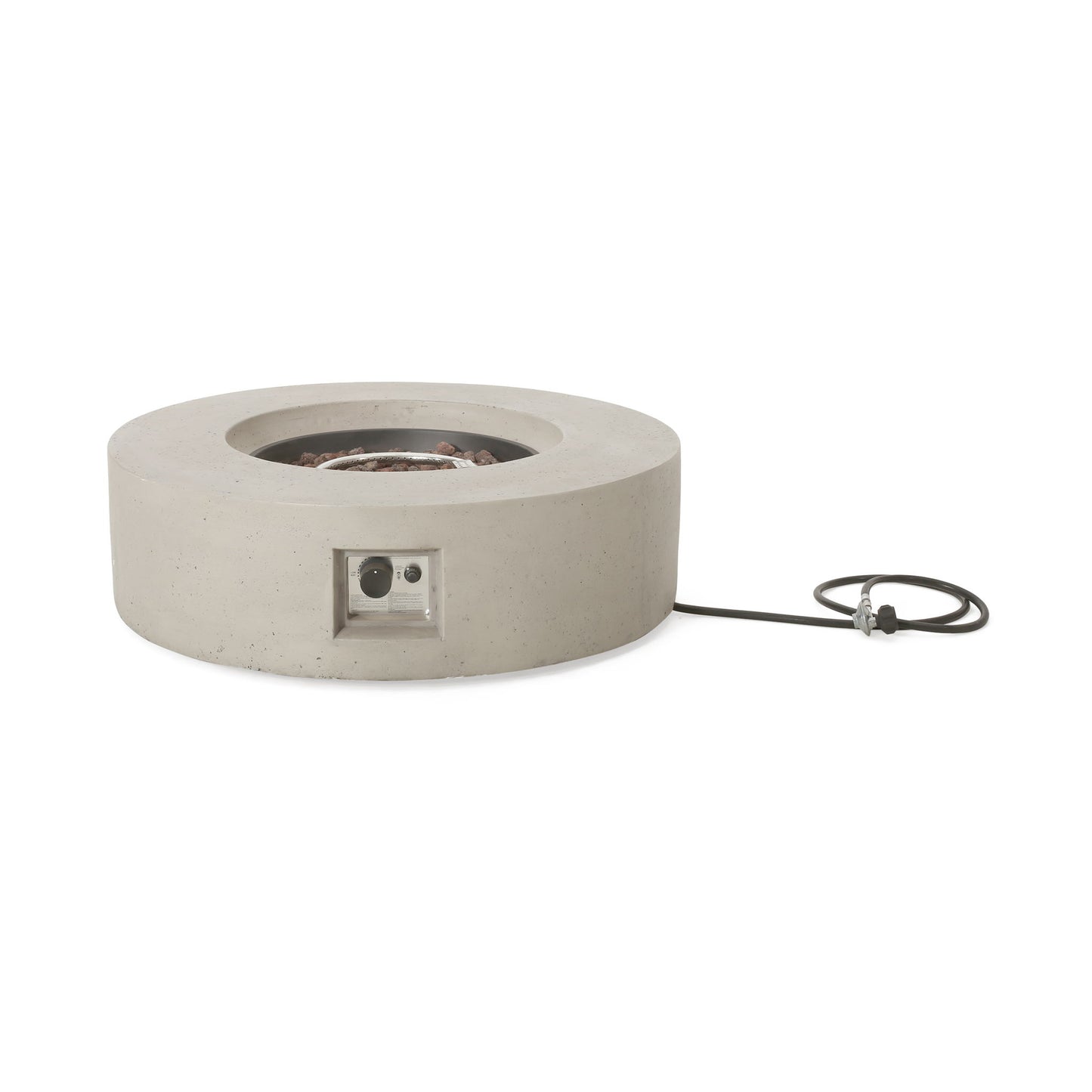 The Modern Lightweight Concrete Outdoor Circular Fire Pit 50,000 Btu features a round, low-profile design with a recessed center, side control panel, and attached black gas hose, shown on a white background.