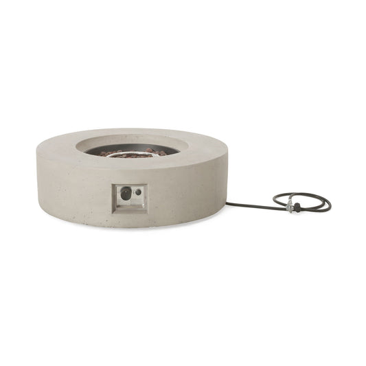 The Modern Lightweight Concrete Outdoor Circular Fire Pit 50,000 Btu features a round, low-profile design with a recessed center, side control panel, and attached black gas hose, shown on a white background.