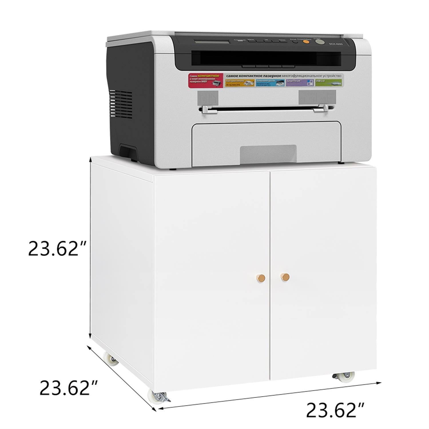 The Office Furniture Copier Cabinet is a square, 2-door steel mobile pedestal measuring 23.62" on each side and in height, with small wheels—perfect for holding a printer on top.