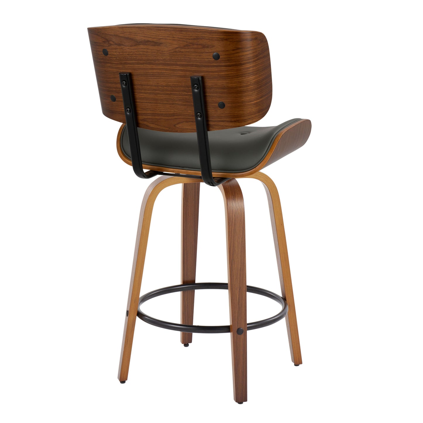 The Lombardi Mid-Century Modern Counter Stool set features a curved wooden back and seat with black metal accents, supported by four wooden legs and a round black footrest, capturing natural and industrial design elements.