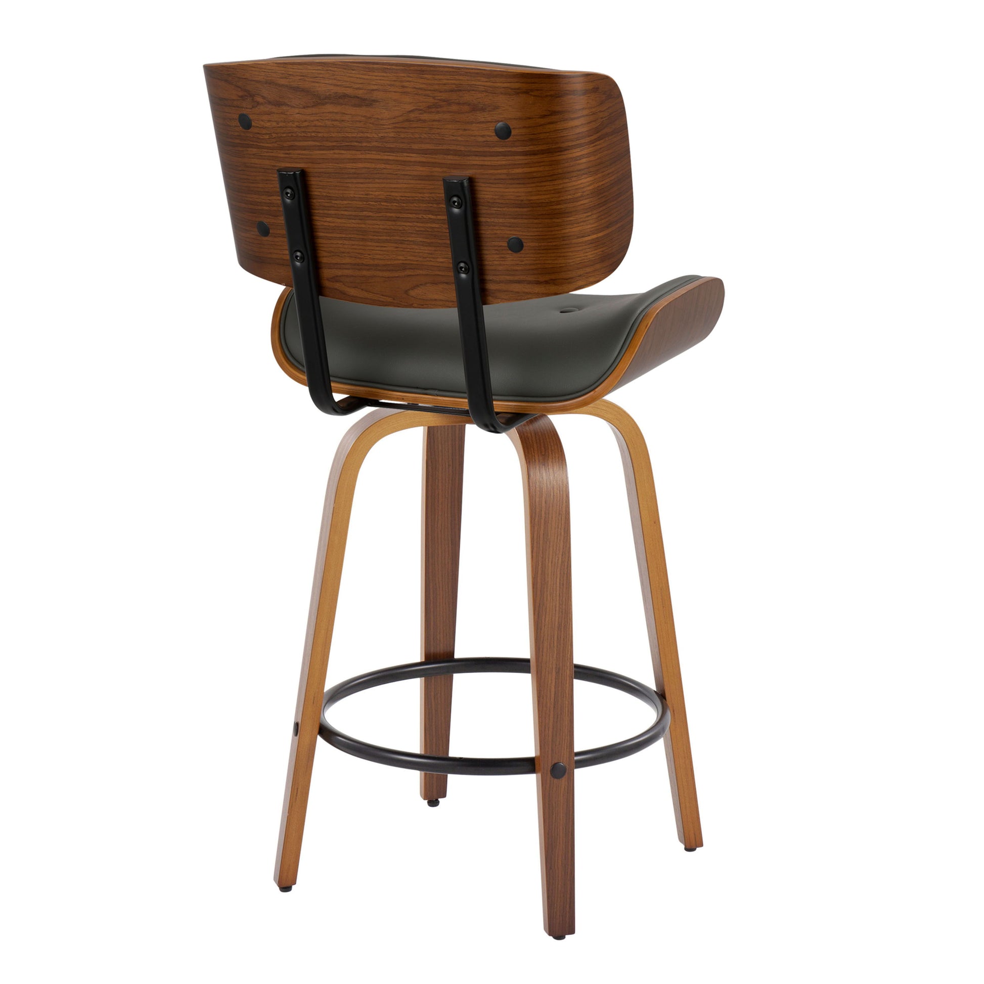 The Lombardi Mid-Century Modern Counter Stool set features a curved wooden back and seat with black metal accents, supported by four wooden legs and a round black footrest, capturing natural and industrial design elements.