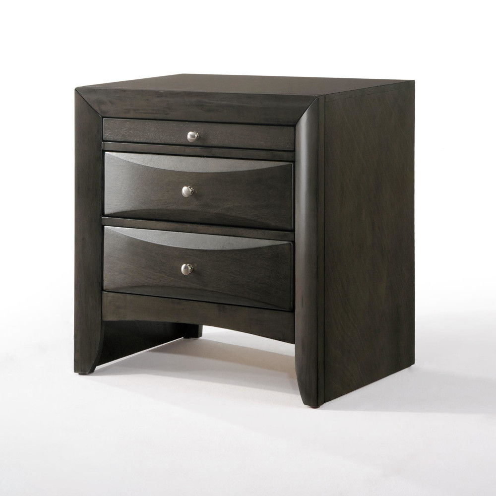 The Ireland - Elegant Design Nightstand features a dark wood finish with three drawers, each equipped with metallic knobs. The slightly curved drawer fronts add elegance, and it stands on four short legs, all captured against a white background.