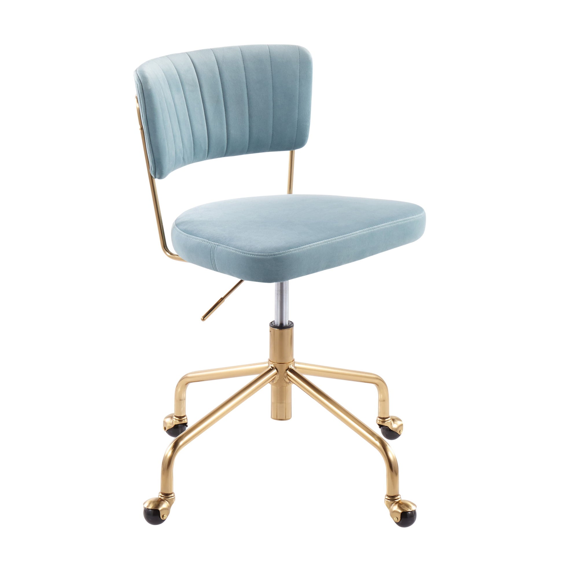 The Tania - Contemporary Task Chair features a light blue cushioned seat and backrest, a gold metal frame, height adjustment lever, and a five-legged gold base with black caster wheels.
