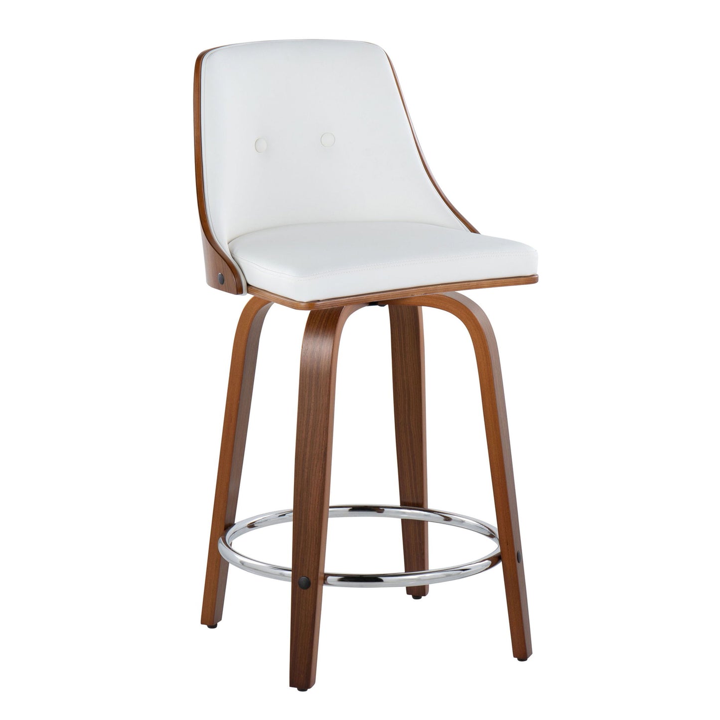 The Gianna set features two mid-century modern fixed-height stools with swivel seats, curved wooden backrests, white cushions, four angled legs, round chrome footrests, and two buttons on each backrest.