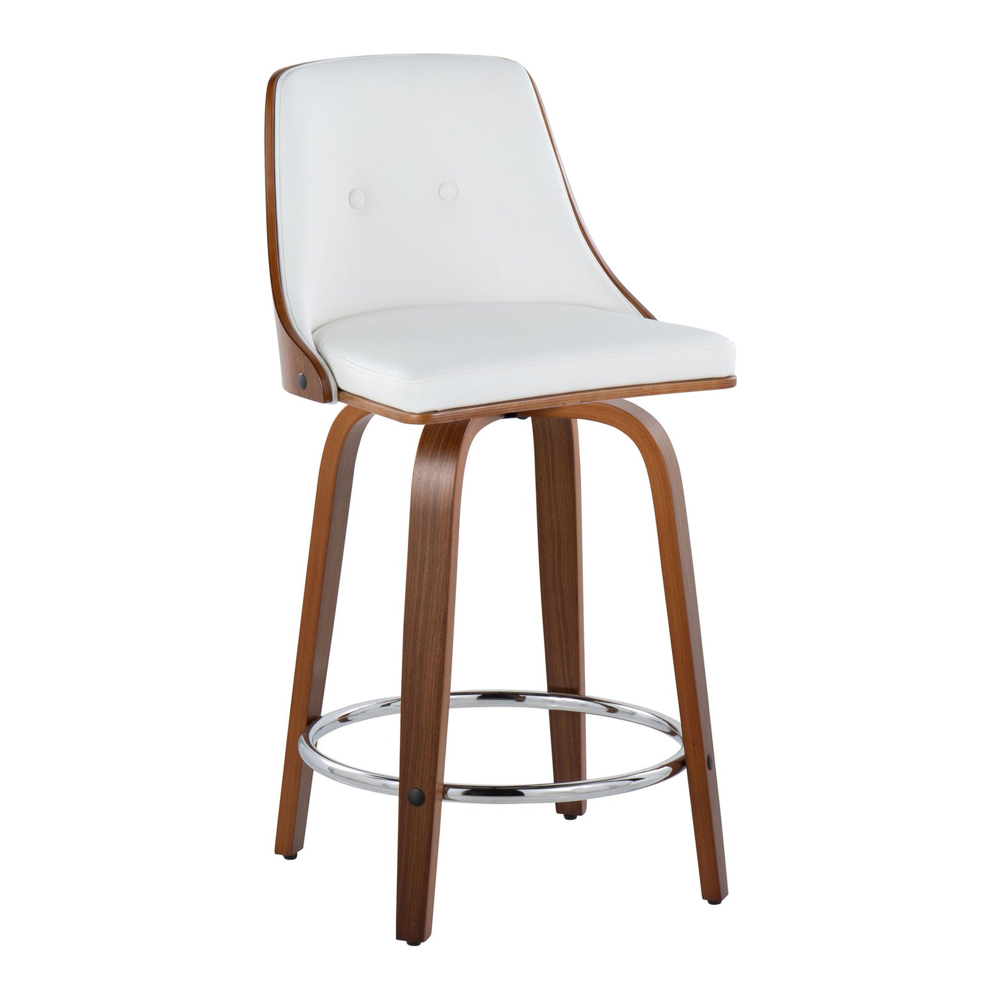 The Gianna set features two mid-century modern fixed-height stools with swivel seats, curved wooden backrests, white cushions, four angled legs, round chrome footrests, and two buttons on each backrest.