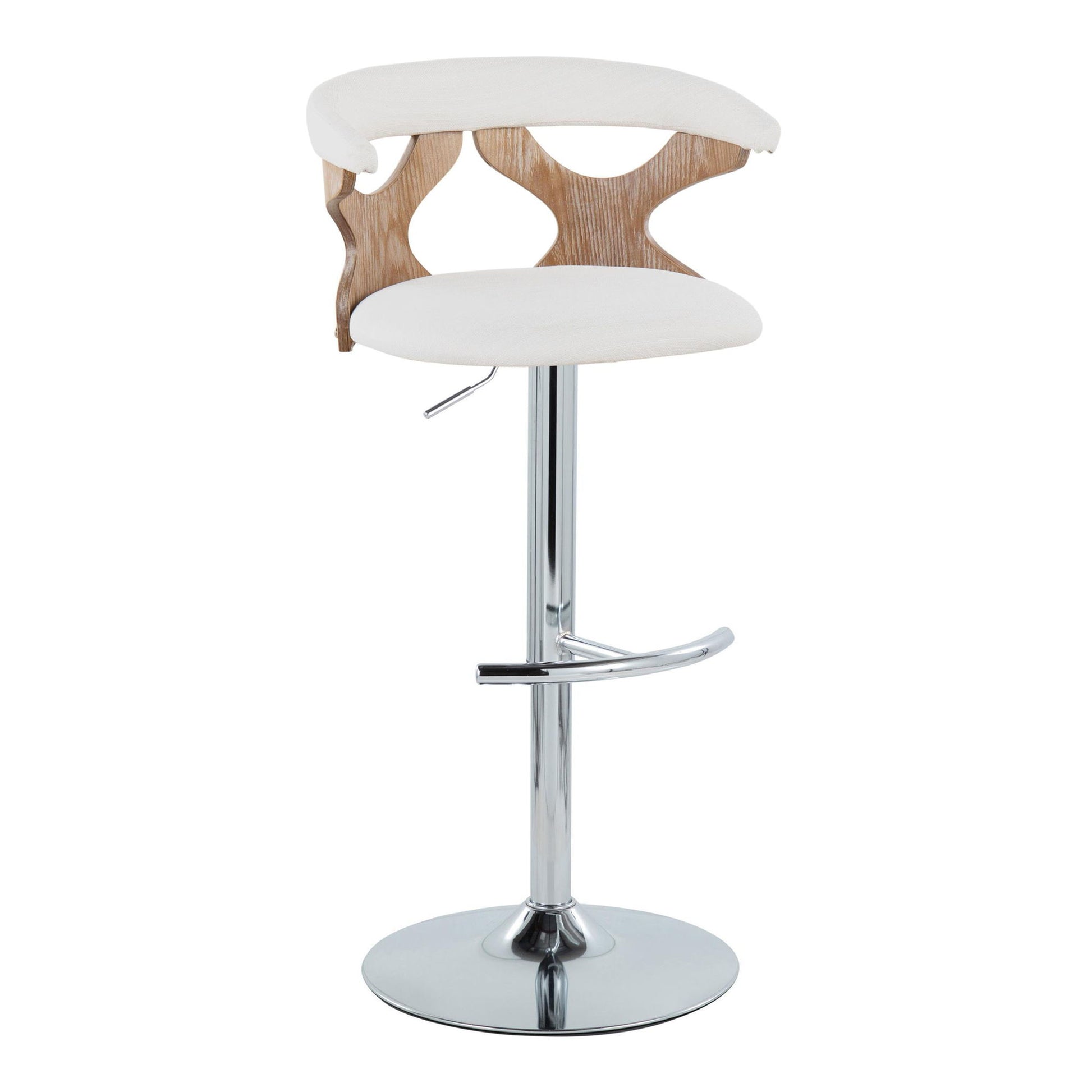 The Gardenia Contemporary Adjustable Barstool (Set of 2) features a chrome base, swivel seat, rounded T footrest, white cushion, and a curved wood backrest with a cut-out geometric design.