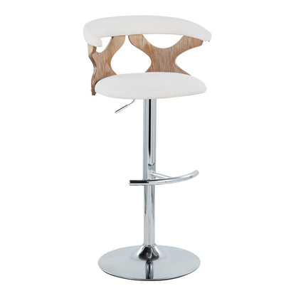 The Gardenia Contemporary Adjustable Barstool (Set of 2) features a chrome base, swivel seat, rounded T footrest, white cushion, and a curved wood backrest with a cut-out geometric design.