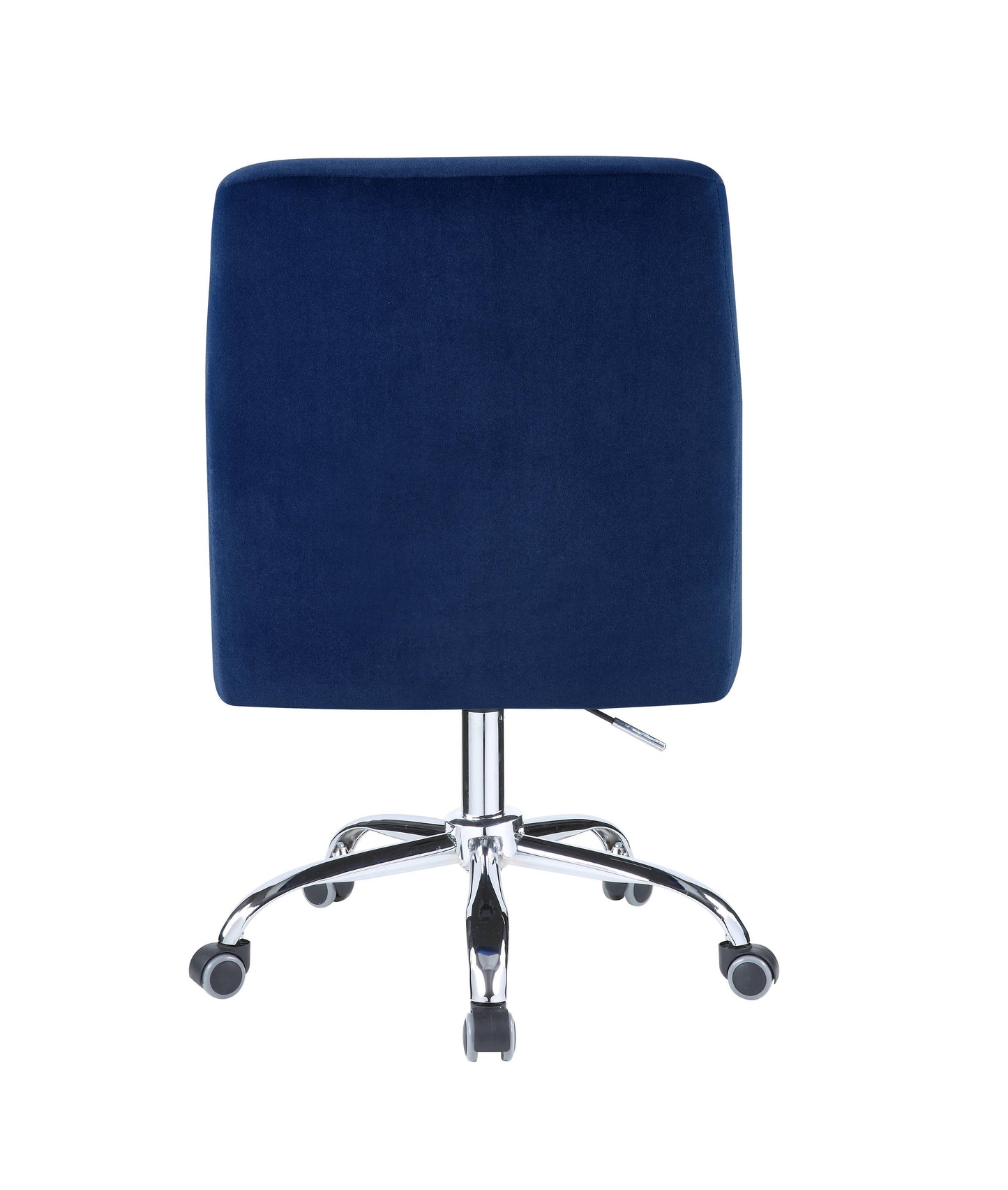 Rear view of the Trenerry Velvet Office Chair in Blue, featuring chrome-metal legs and five rolling casters, with a smooth, soft-textured fabric.