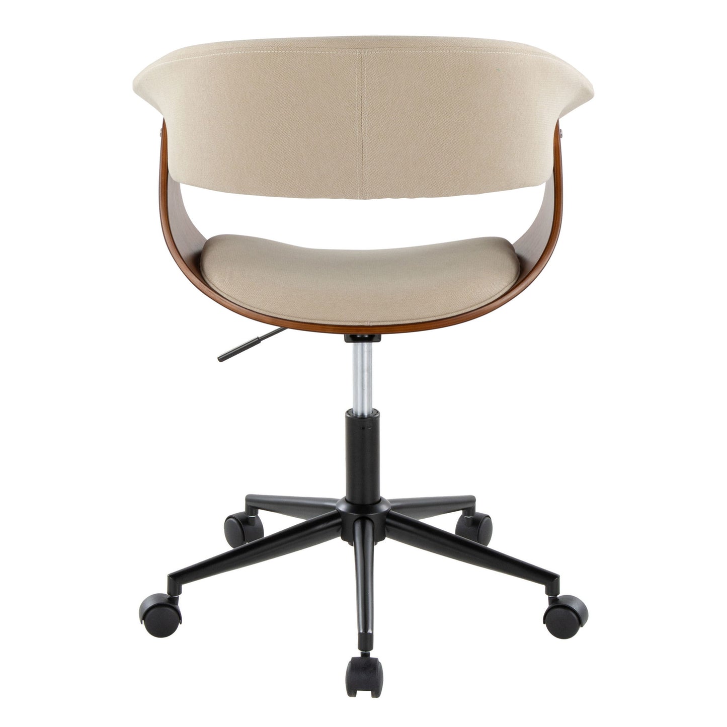 The Vintage Mod - Mid Century Modern Office Chair features a curved wooden back, beige upholstery, and a black wheeled base. Shown from the back, it has an adjustable seat height via a lever under the seat.