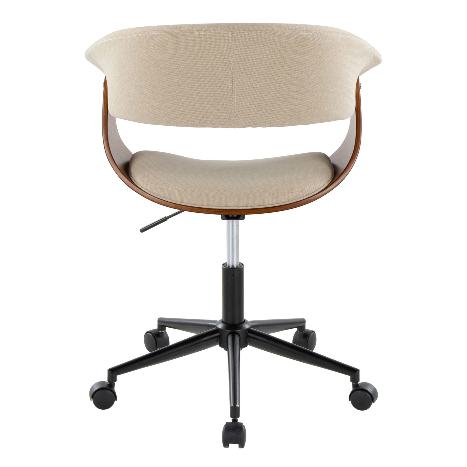 The Vintage Mod - Mid Century Modern Office Chair features a curved wooden back, beige upholstery, and a black wheeled base. Shown from the back, it has an adjustable seat height via a lever under the seat.