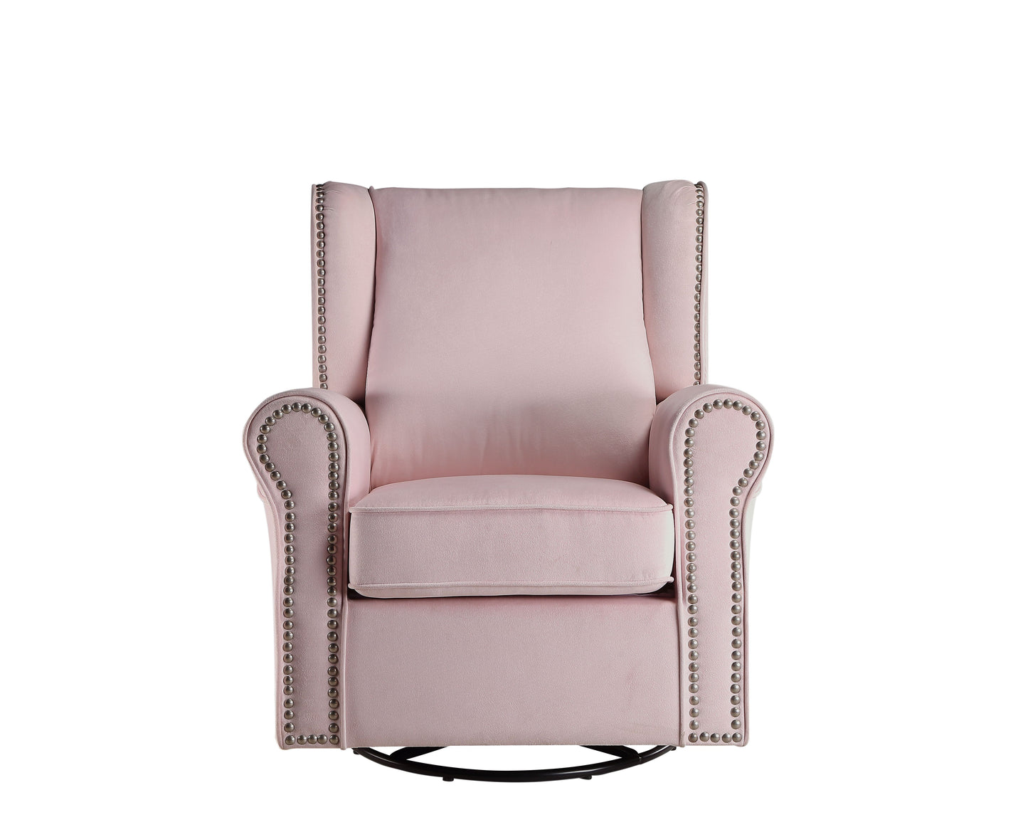 The Couch.com Tamaki Glider Chair features a modern pink fabric design with a swivel base, shown against a white background.