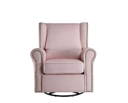 The Couch.com Tamaki Glider Chair features a modern pink fabric design with a swivel base, shown against a white background.